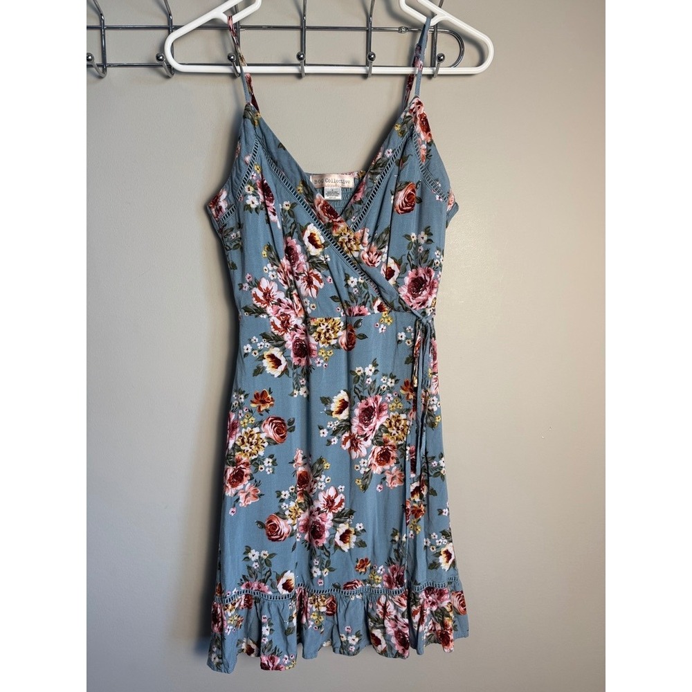 B.O.G Collective Womens Blue Floral Wrap Dress S Boho Summer Ruffle Cottagecore